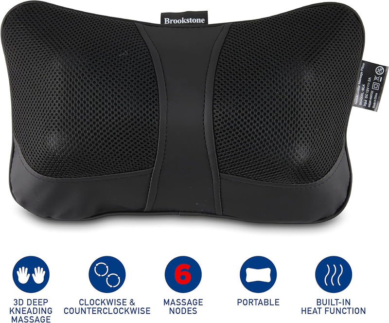 Brookstone Shiatsu Neck and Lumbar Massager, Deep Kneading Massage Pillow with Heat - Neck, Shoulder, Leg, Lumbar Portable Massager, Electric Massage Pillow for Home Office Car