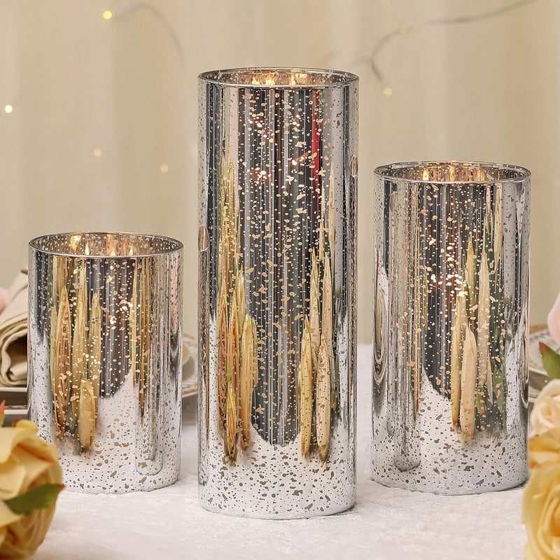 DEVI 3pcs Rose Gold Mercury Glass Candle Holders for Wedding Decor (D:3''), Hurricane Candle Holder for Bridal Shower, Cylinder Glass Vases for Centerpieces, Fall Decor, Christmas Home Table Decor,