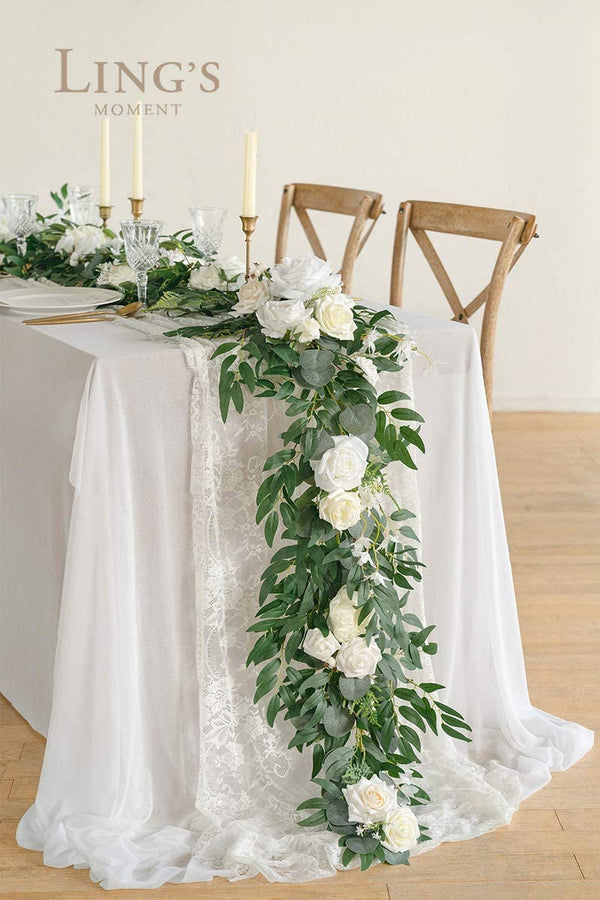 Eucalyptus Garland with Flowers - 6FT  Table Decor for Wedding Rehearsal Dinner Bridal Shower - Ivory