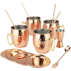 PG Moscow Mule/Cocktail Bar Set, 15-pc Copper/Rose Gold Color, High Grade SS, w/4x Moscow Mule Mugs, 4x Straws w/cleaner, 4x REAL STAINLESS Coasters, 1x Double-Jigger 1x Double-head Stirrer