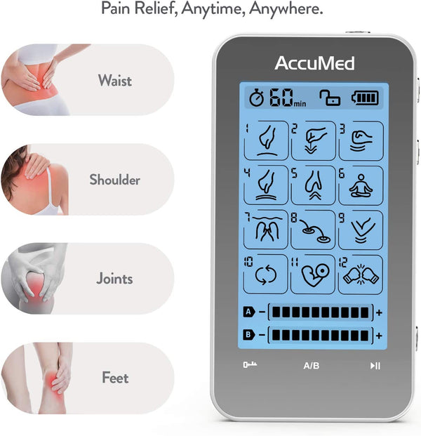 AccuMed TENS Unit Muscle Stimulator & Electronic Pulse Massager with 2 Channels - 12 Modes, Pain Management Device with 20 Intensities for Back, Neck, Acupuncture, Rechargeable Battery (AC-AP315)