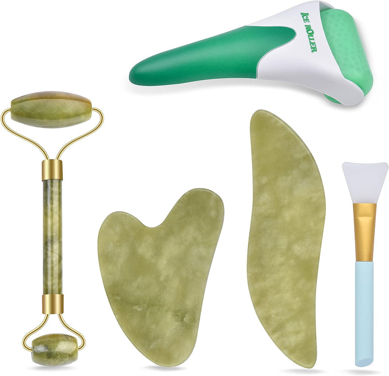 4-pcs Jade Roller & Gua Sha Set, Facial Roller Massager with Gua Sha Scraping Tool, Jade Stone Massager for Anti-aging, Slimming & Firming, Rejuvenate Face and Neck, Remove Wrinkles & Eye Puffiness