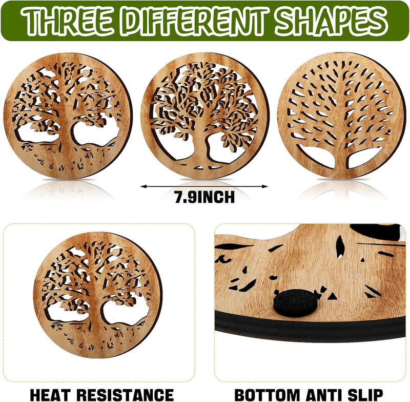 Beeveer 3 Pcs Life Tree Wooden Trivets Round Plates Pots Holder Heat Resistant Wooden Tree Trivet Hot Pan Holder for Counter Wood Hot Pad for Kitchen Hot Dishes Tea Pot Dining Table 8 Inch (Natural)