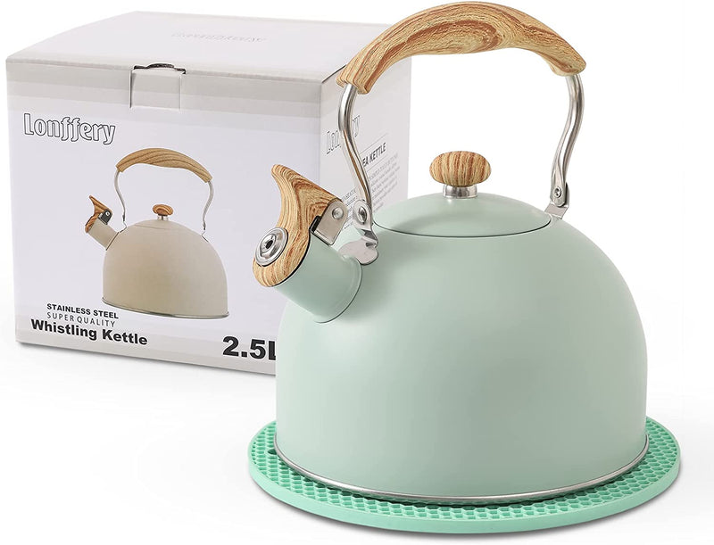 LONFFERY Tea Kettle, 2.5 Quart Whistling Tea Kettle, Tea Pots for Stove Top Food Grade Stainless Steel with Wood Pattern Folding Handle - Red