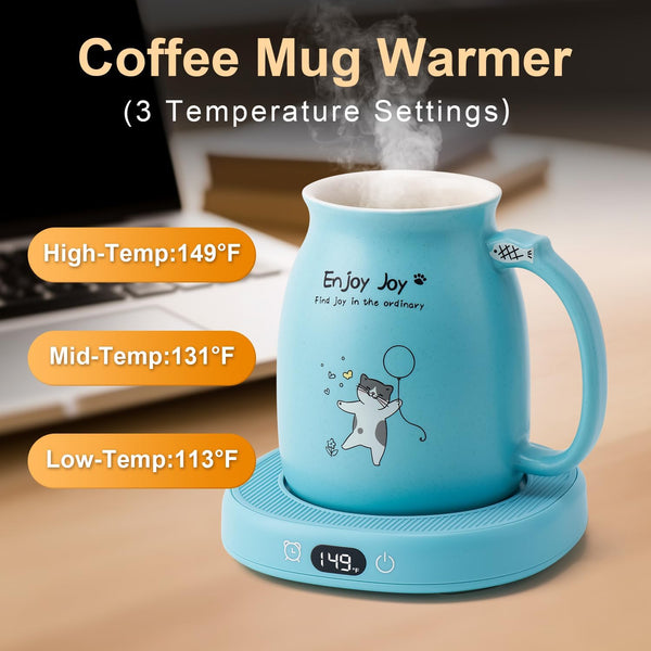 Bsigo Coffee Mug Warmer & Cute Cat Mug Set, Candle Mug Warmer for Home & Office, Electric Smart Coffee Warmer for Desk, Beverage Tea Coffee Cup Warmer with 3-Temp Settings, 8H Auto Shut Off, Blue