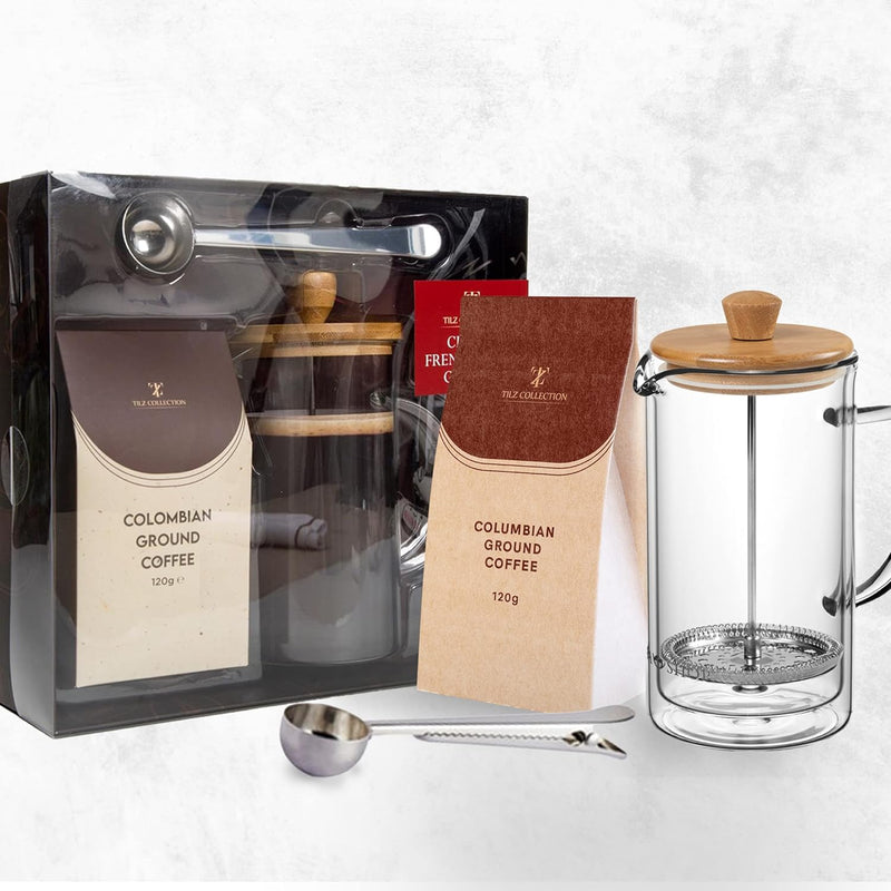 Coffee Gifts For Women, Men |French Press Coffee Maker (600ml), Cafetiere 4 Cup, 120g Colombian Ground Coffee And Coffee Spoon, Cafetiere Gift Set |Coffee Lovers Gifts For Men |Coffee Gifts For Women