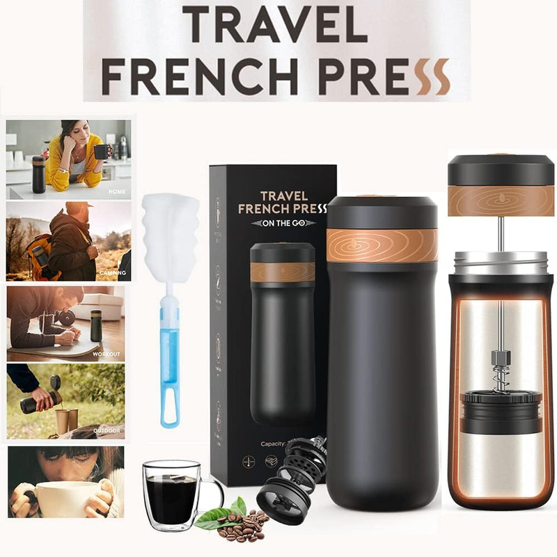 Sesama Classic Portable French Press Coffee Mug 12 oz with Carry Loop, Stainless Steel French Press Coffee Maker, BPA Free Great for Camping and Travel