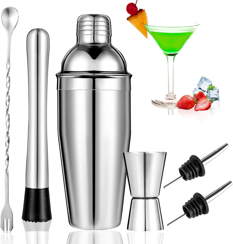 Cocktail Shaker Set, 6-Piece Bartender Kit Premium Shakers Bartending: Martini Shaker Measuring Jigger Mixing Spoon Muddler 2 Pourers Bar Tools Set with Built-in Bartender Strainer for Drink Shaker