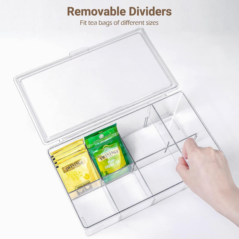 Puricon 2 Pack Tea Bag Organizer Clear Acrylic Tea Storage Box with Lid, Plastic Tea Bag Holder Stackable Tea Organizer for Tea Bags Container Dispenser for Cabinet Pantry Counter Countertop -Clear