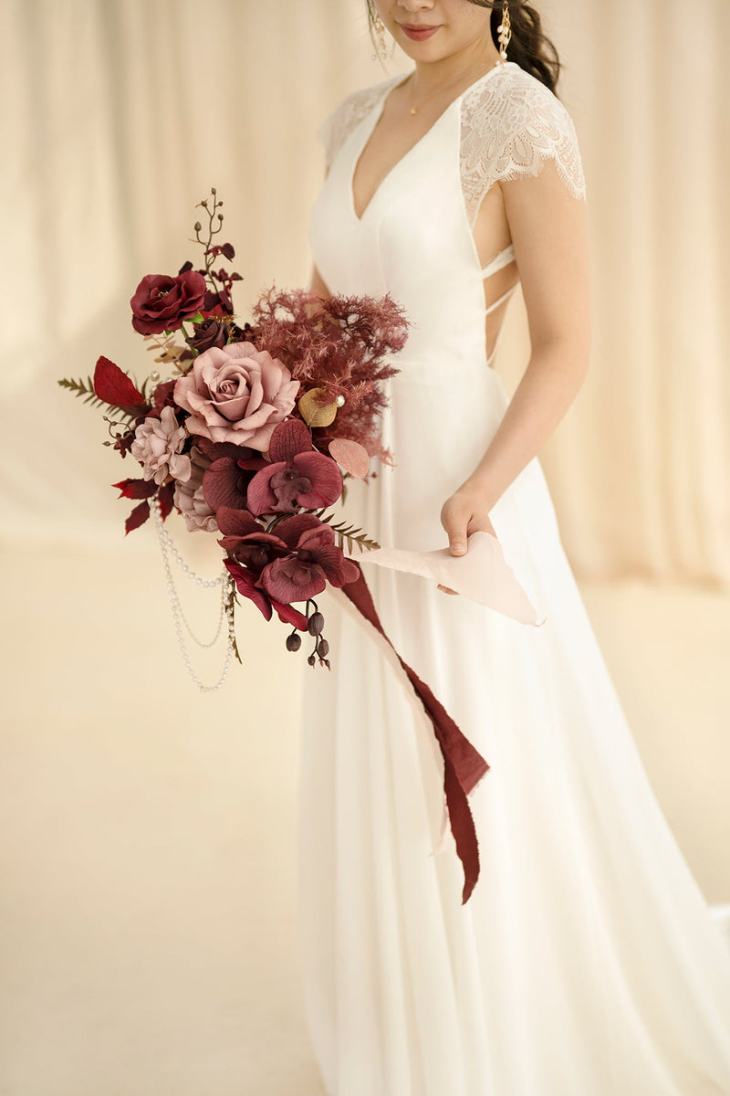 Bridal Bouquet - Burgundy  Dusty Rose Cascade Style
