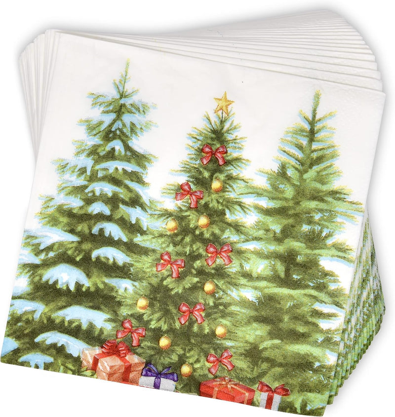 100 Christmas Tree Cocktail Beverage Napkins Disposable Paper Decorative Elegant Xmas Green Trees with Ornaments Dessert Dinner Hand Napkin for Winter Holiday Wedding Party Supplies Tableware Decor