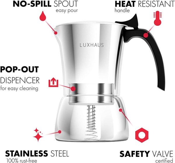 LUXHAUS Moka Pot - 6 Cup Stovetop Espresso Maker - 100% Stainless Steel Italian and Cuban Mocha Coffee Maker