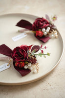 Boutonnieres in Burgundy & Dusty Rose
