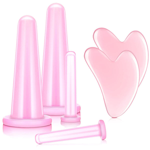 4 Pieces Facial Cupping Chinese Silicone Massage Cup Vacuum Suction Cupping Cup Guasha Tool, 2 Pcs Gua Sha Massage Tool Facial Tool Heart Shape Guasha Scraping Board for Face Eyes Neck Back (Pink)