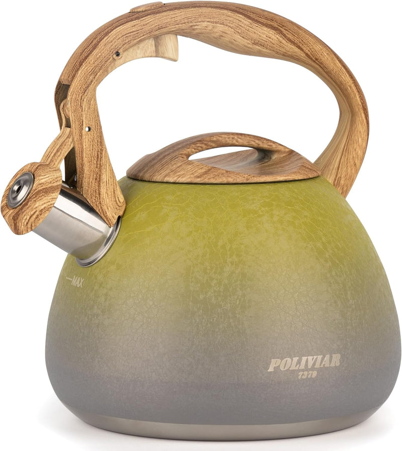 POLIVIAR Tea Kettle, 2.7 Quart Natural Stone Finish with Wood Pattern Handle Loud Whistle Food Grade Stainless Steel Teapot, Anti-Hot Handle and Anti-Rust, Suitable for All Heat Sources (JX2018-GR20)