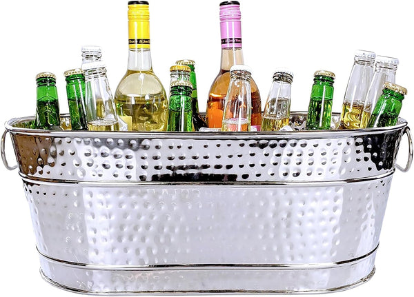 BREKX Stainless-Steel Oval Ice Bucket & Drink Cooler for Parties, Hammered Stainless Steel Finish Ice Tub, Sealed to be Leak-Resistant & Rust-Proof with Handles - 15 Quarts (4 Gallon Bucket)