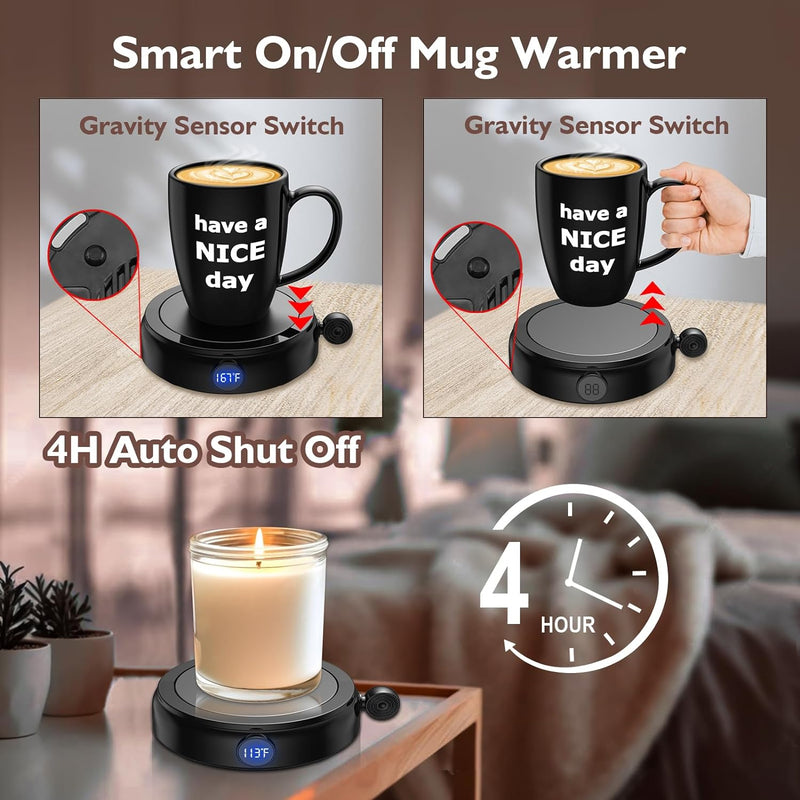 Coffee Mug Warmer with Mug Set, 60W Coffee Cup Warmer for Desk Home Office Use with 4-Temperature Settings, Auto On/Off Gravity-Induction, 14Oz Mug, Great Coffee Gift on Christmas/Birthday