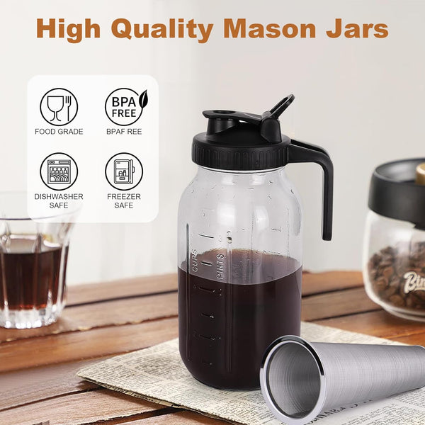 QHH Cold Brew Coffee Maker, 64 oz Wide Mouth Mason Jar Pitcher with Stainless Steel Filter, Pour Spout Handle Lid, Heavy Duty Glass Airtight & Leak-Proof Pitcher for Iced Brew Coffee & Tea Lemonade