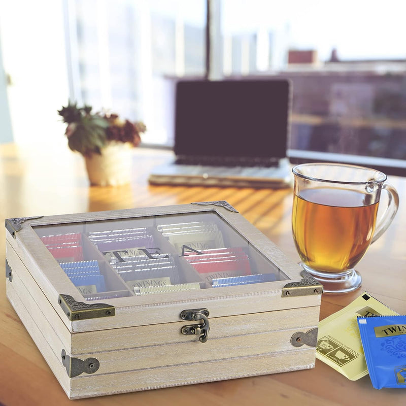 MOLIGOU Wood Tea Box Organizer, Tea Storage Chest with Glass Lid, 9 Compartments, Tea Bag Holder for Cabinet, Pantry