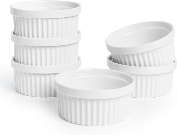 Sweese 8 oz Porcelain Ramekins Set of 6 - Creme Brulee Souffle Custard Cups for Baking Oven Safe - White