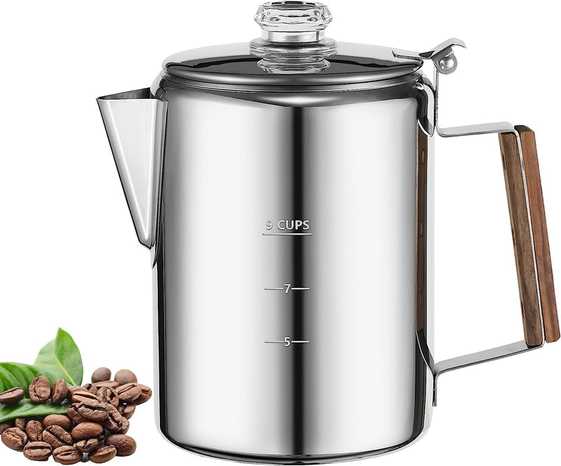 MEREZA Camping Coffee Pot Stovetop Coffee Maker Percolator Campfire Coffee Pot Stainless Steel Coffee Pot Camping Outdoors Home 9 Cup No Aluminum & Plastic Fast Brew