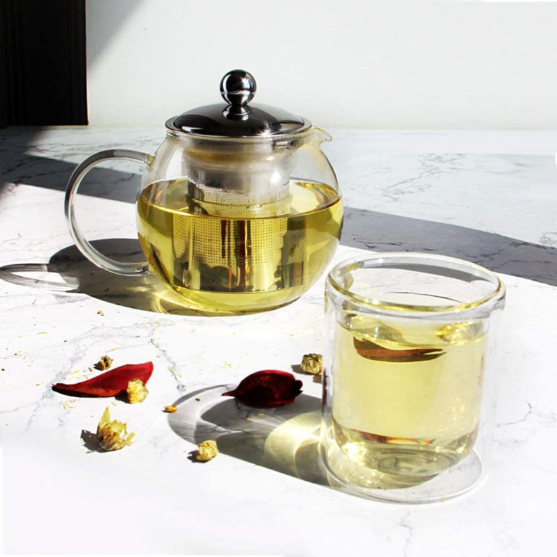 MIOCARO Glass Tea Pot Warmer Set 1000ml Kettle Stovetop Teapot Stainless Steel Strainer Infuser Blooming Loose Leaf Tea Bags & Fruit