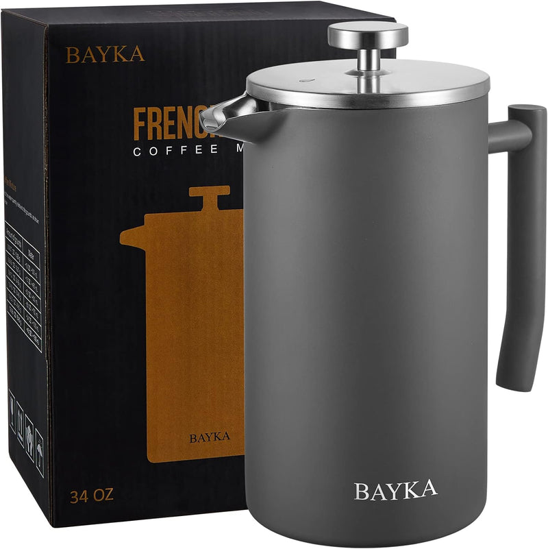 BAYKA French Press Coffee Tea Maker 34oz, 1 Liter Stainless Steel Insulated Coffee Press with 4 Filter Screens, Rust-Free, Dishwasher Safe, Silver