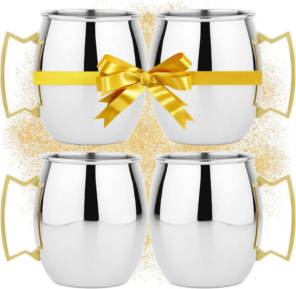 Moscow Mule Mugs Set of 4 - Moscow Mule Cups Set of 4 - Stainless Steel Mule Mugs with Brass Handle - Cocktail Drinking Mugs