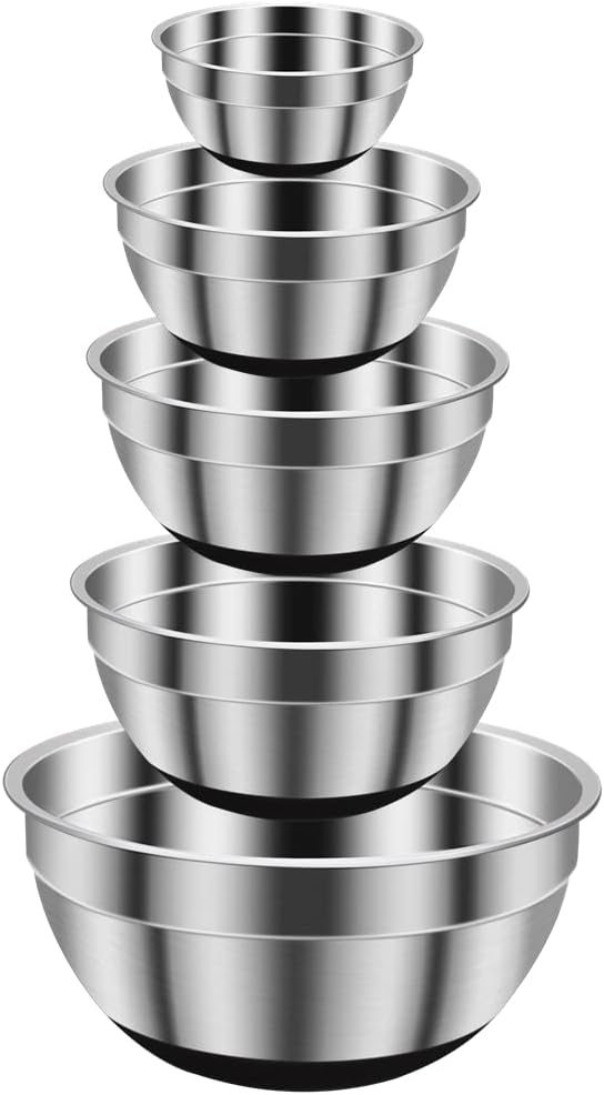 REGILLER Mixing Bowls - Set of 5 Stainless Steel with Non-Slip Silicone - 15-7QT Sizes Colorful