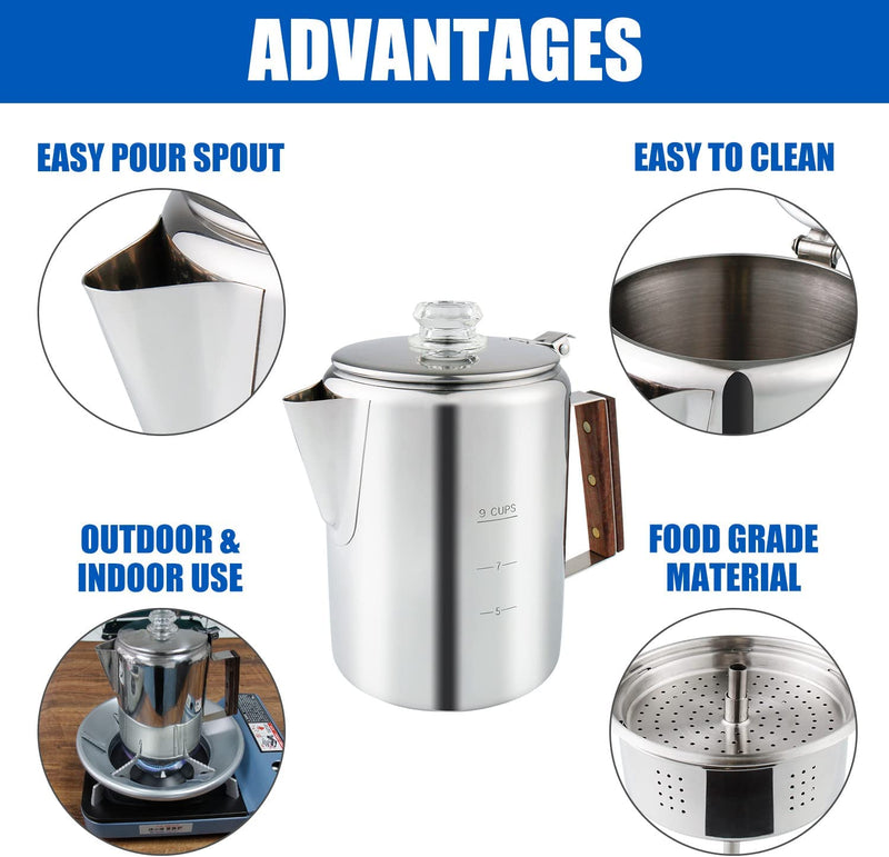 APOXCON Coffee Percolator, Camping Coffee Pot 9 Cups Stainless Steel Coffee Maker with Clear Top Glass Knob, Percolator Coffee Pot for Campfire or Stovetop Coffee Making Outdoor Traveling Fast Brew