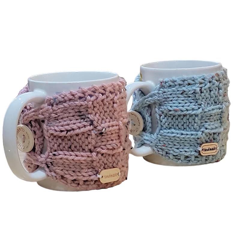 Set of 2 coffee cozy,reusable sleeve for coffee and tea cups, sweater wrap for mugs, Rose and aqua cozy coffee sweater for mugs