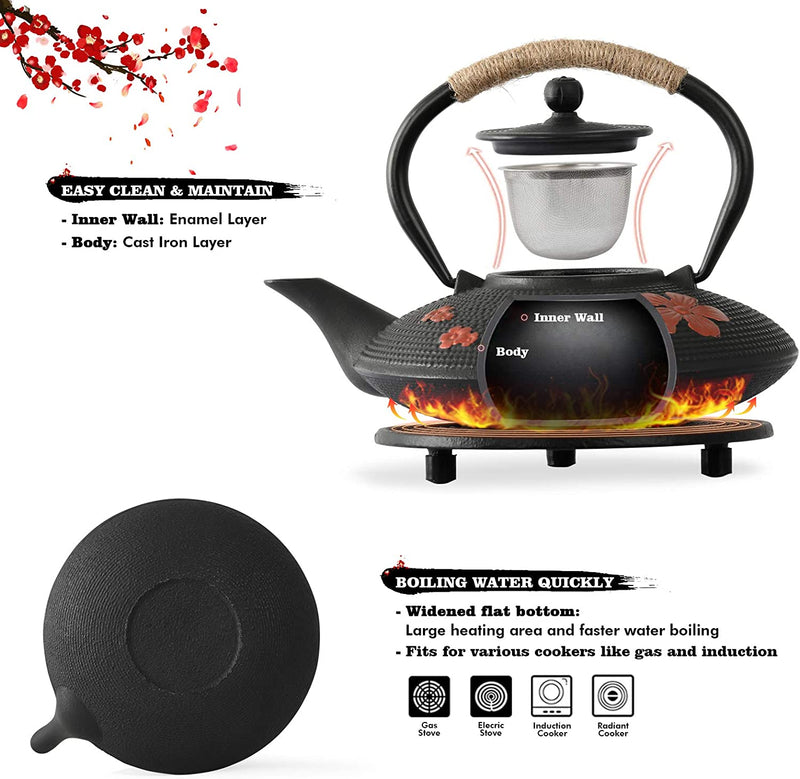 TOVACU Japanese Style Cast Iron Teapot with 4 Tea Cups Trivet Tetsubin StovetopTea Kettle with Infuser Chinese Iron Tea Pot Tea Set for Adults Black (Pear Flower Pattern)