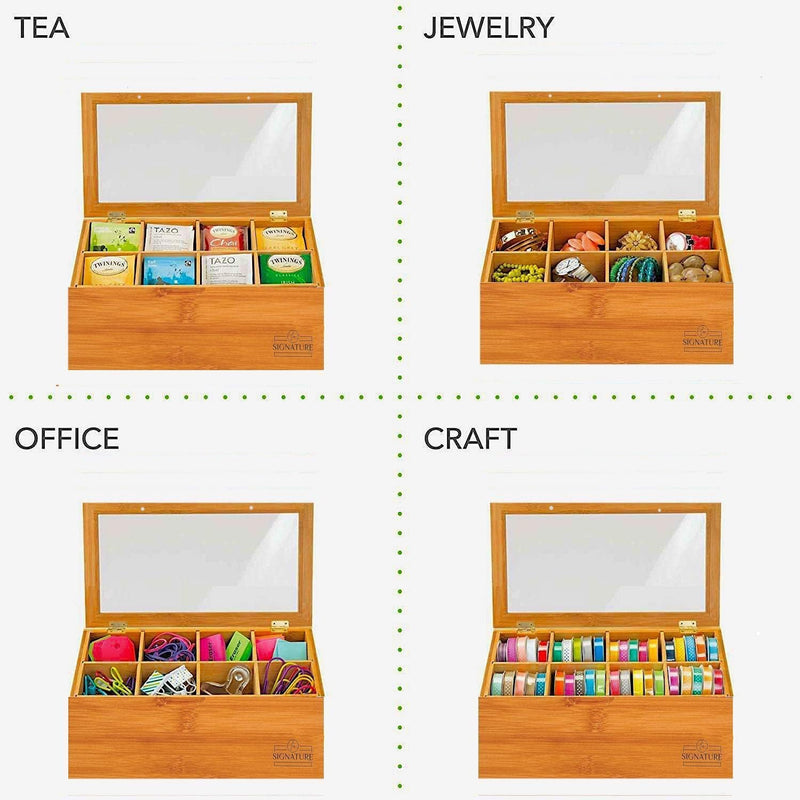 Natural Bamboo Tea Box Storage Organizer- 8 Compartments Tea Bag Holder with Clear Acrylic Window- Natural Wooden Finish Tea Storage Organizer