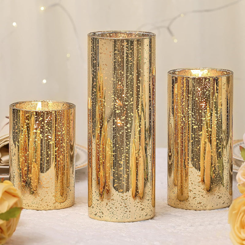 DEVI 3pcs Rose Gold Mercury Glass Candle Holders for Wedding Decor (D:3''), Hurricane Candle Holder for Bridal Shower, Cylinder Glass Vases for Centerpieces, Fall Decor, Christmas Home Table Decor,