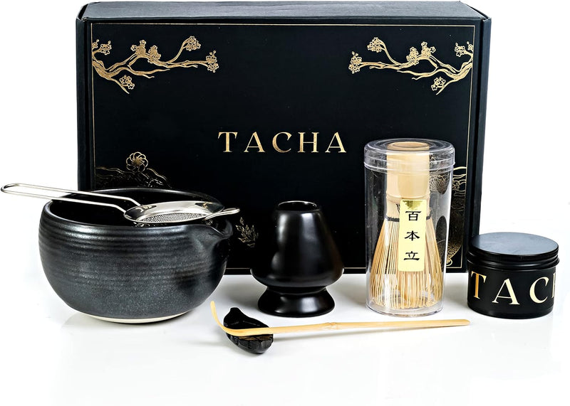 TACHA Premium Matcha Tea Set | Matcha Tea Powder | Ceremonial Matcha Tea Making Tool | Whisk Holder Black Bowl, Spout, Scoop, and Sifter (7 Piece Set)