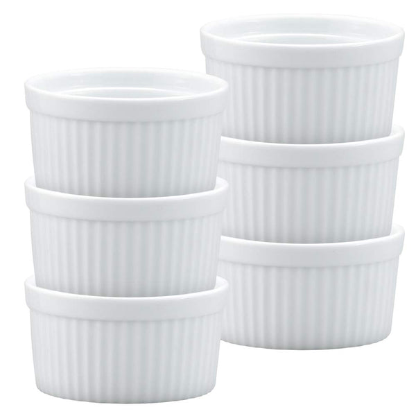 Set of 6 HIC Souffle Ramekins - Fine White Porcelain 6-Ounce Durable and Versatile for Baking Desserts and Appetizers - Microwave Broiler and Dishwasher Safe