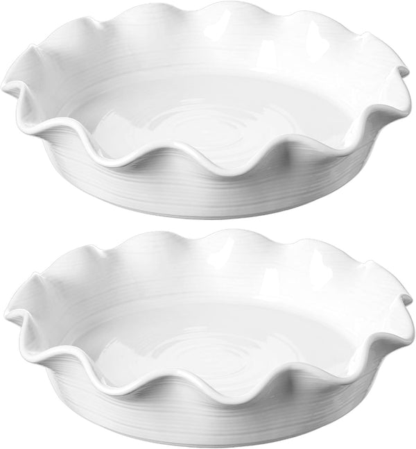Ceramic Deep Dish Pie Pans - Set of 2 White with Ruffled Edge