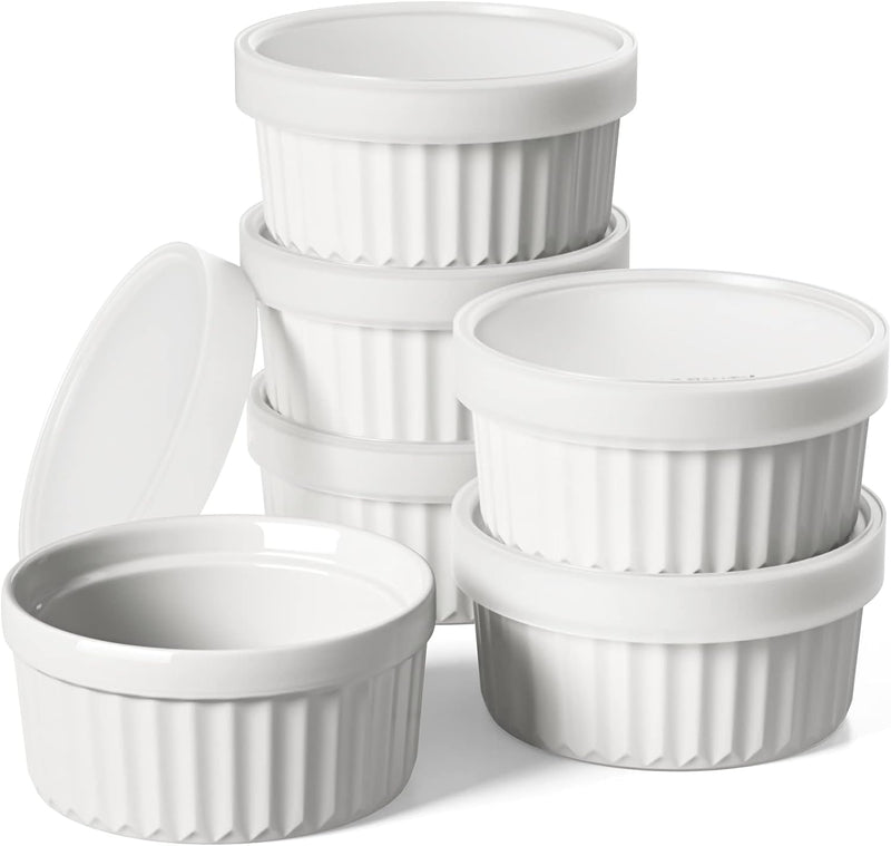 LE TAUCI 8 oz Ramekins with Silicone Lids Set of 6 White - Oven Safe Creme Brulee Dishes and Custard Cups