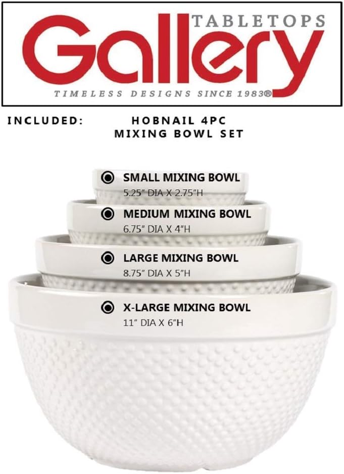 Tabletops Gallery Hobnail Style 4 Piece Classic White Stoneware Nesting Mixing Bowl Set for Baking and Cooking