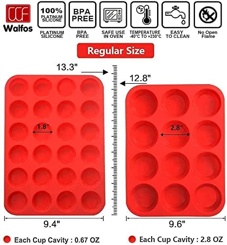 Walfos Silicone Cupcake Pan Set - 2-Piece Mini 24-Cup Muffin Baking Pan - BPA Free Dishwasher Safe - Non-Stick - Great for Muffin Cakes Fat Bombs