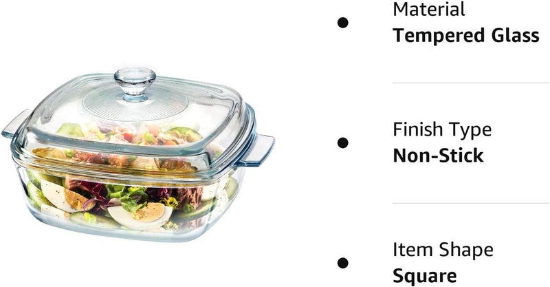 Glass Square Casserole Dish with Lid - Oven and Microwave Safe 08L