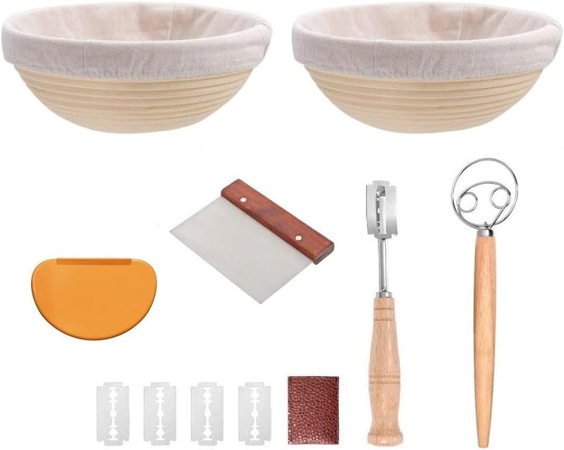 2-Piece Bread Proofing Basket Set with Sourdough Tools - Round and Oval - Banneton Danish Whisk Scoring Lame and Scrapers - Baking Gift