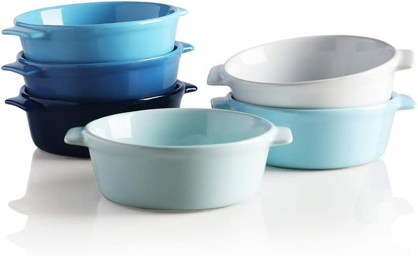 6-Piece Blue Ceramic Ramekin Set - 10oz Capacity for Souffle Creme Brulee Cheese and Dipping Sauce