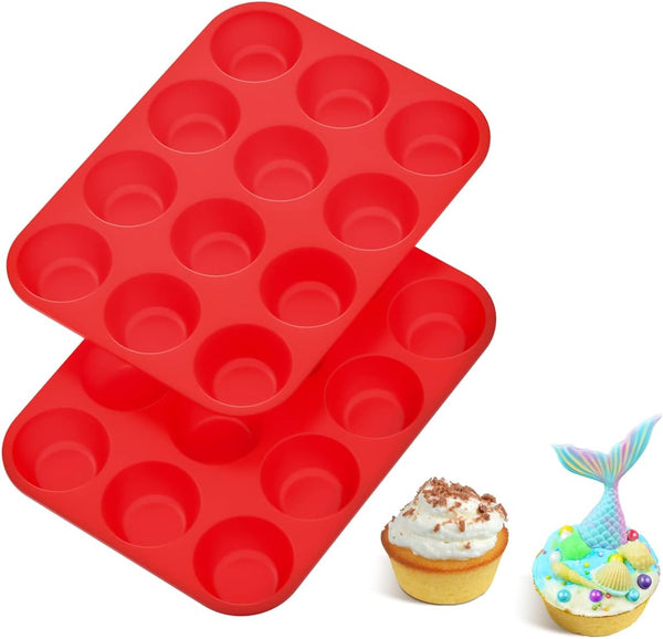 Silicone Muffin Pan - 12 Cup Nonstick Baking Tray for Muffins Cakes and Fat Bombs - Energywave 2-Pack