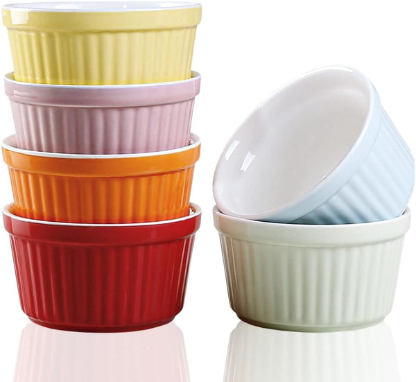 Set of 6 Colorful Porcelain Ramekins - 6oz Oven Safe for Baking and Serving