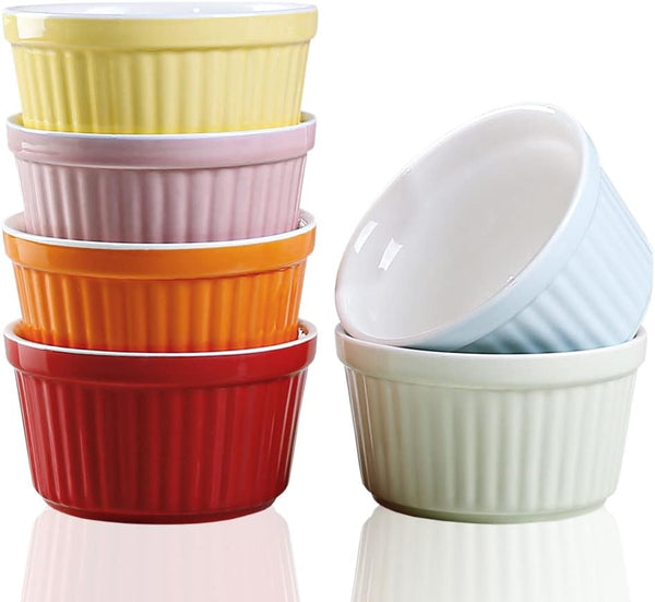 YAZYLIFE Ramekins 6oz Oven Safe,Creme Brulee Ramekins and Souffle Dishes,Porcelain Ramekin Baking Bowls,Dipping Sauce Dish.Pudding Cups,Set of 6,Colorful. (Colorful)