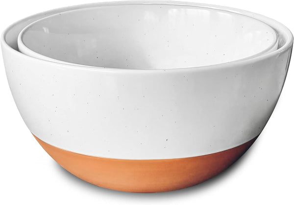 Mora Ceramic Large Mixing Bowls - Set of 2 Nesting Bowls for Cooking, Serving, Popcorn, Salad etc - Microwavable Kitchen Stoneware, Oven, Microwave and Dishwasher Safe - Extra Big 2.5 & 1.6 Qt - White