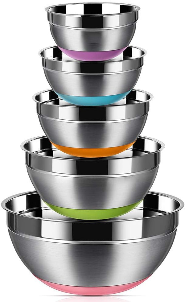 REGILLER Mixing Bowls - Set of 5 Stainless Steel with Non-Slip Silicone - 15-7QT Sizes Colorful