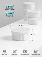 LE TAUCI 8 oz Ramekins with Silicone Storage Lids, Creme Brulee Dishes, Custard Cups for Baking, Oven Safe, Set of 6, White