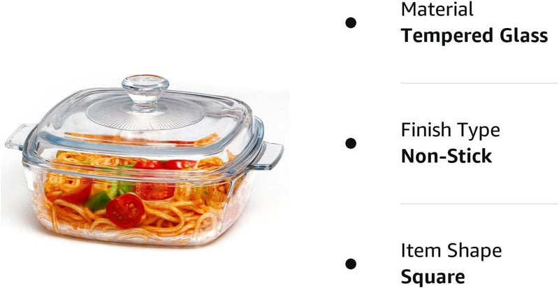 Glass Square Casserole Dish with Lid - Oven and Microwave Safe 08L